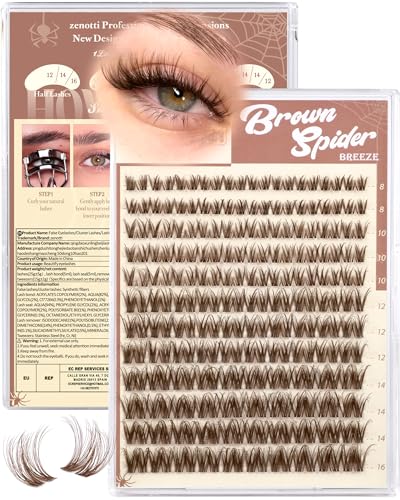Zenotti D-Brown Wispy Spider Breeze Lash Clusters - Natural Brown, 8-16mm, Invisible Band, Fluffy Curly Eyelash Extensions