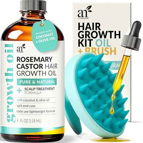 ArtNaturals Organic Rosemary & Castor Hair Growth Oil + Scalp Massager Set ? Hair Relaxer for Dry, Itchy Scalp, Thickening & Hydration - Scalp Oil Products For Damaged Hair & Split Ends ? 4.0 oz