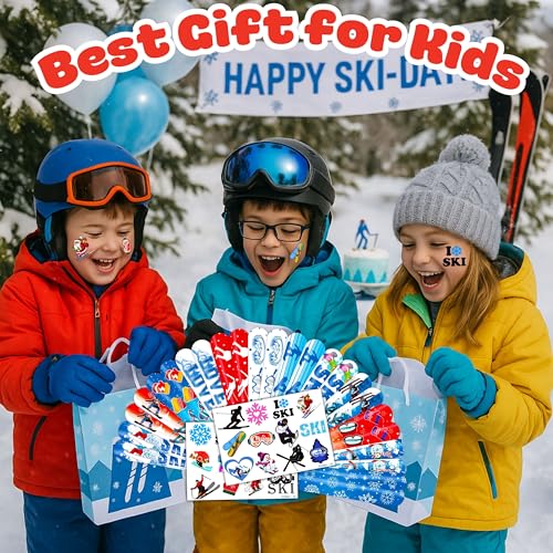 48PCS Skiing Party Set - 24PCS Temporary Tattoos & 24PCS Slap Bracelets - Fun Winter Sports-Themed Birthday Supplies, Baby Shower Gifts, Classroom Rewards & Party Decor for Kids (Boys & Girls)