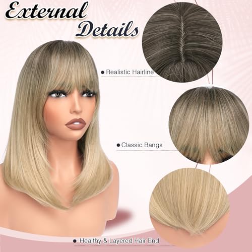 Blonde Bob Wig with Bangs 16" Shoulder Length Synthetic Hair