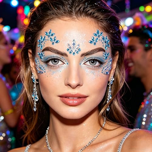 Blue Crystal Face Gem Stickers - 2 Sheets Rhinestone Tattoos