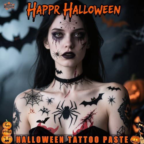 Halloween Nipple Covers 8 Pairs & Temporary Tattoos Kit - Bat, Skeleton, Pumpkin Spider Pasties with Gothic Face Stickers | Latex-Free Body Adhesive | Party Rave Cosplay Costume Accessories