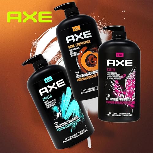 Axe Men's Body Wash Variety Set, Set of 3 Scents, Axe Dark Temptation, Apollo and Excite Body Wash, 3in1 Body and Face Wash in Pump Bottle, 33.8 Ounce Each