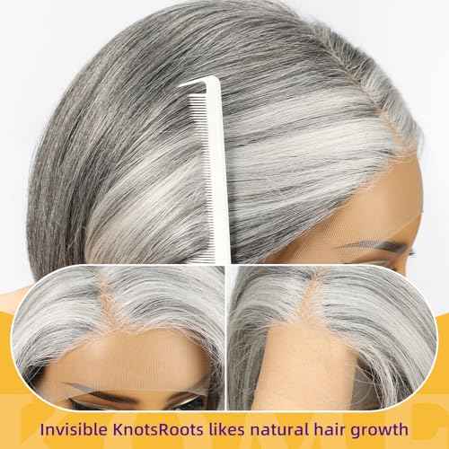 Grey Synthetic Lace Front Wig,Silver Side Part Short Straight Glueless Bob Wigs for White Women Daily Use 10IN (#2/60HL)