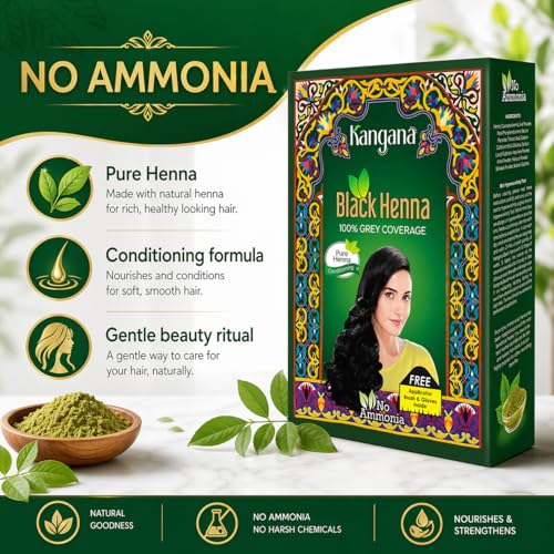 Kangana Black Henna Hair Dye - 100% Grey Coverage, 6 Pouches