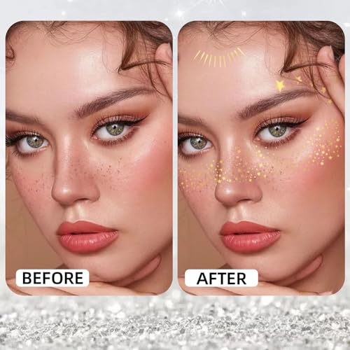 Glitter Freckles Face Tattoo, 48PCS Gold and Silver Temporary Tattoos, Sparkle Freckles for Women, Waterproof Body Glitter Makeup Patches, Country Concerts Singer Festival Mardi Gras Rave Outfit