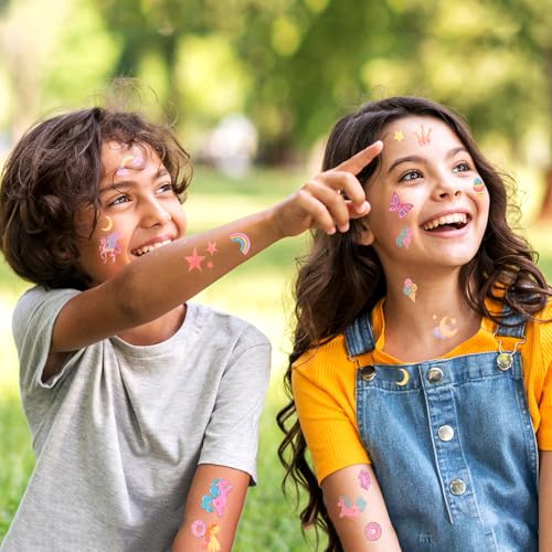 Temporary Tattoos for Kids, 12 Sheets Unicorn Rainbow Glitter Tattoos, Safe & Non-Toxic, Waterproof, Unicorn Birthday Party Decorations, Valentine's Day Gift