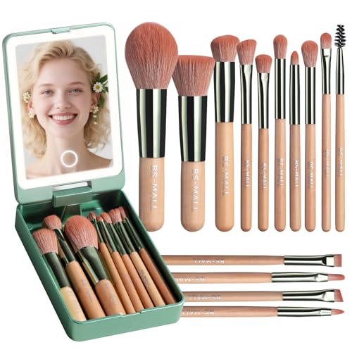 BS-MALL Travel Makeup Brush Set ? 14 Pcs Foundation Powder Concealers Eye Shadows with LED Light Mirror, Green