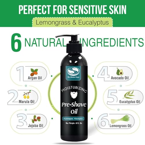 8 fl. Oz, Pre Shave Oil for Men, Excellent Shaving oil for Men with Sensitive Skin, Prepares for a burns free Shave, Works with Straight or Safety Razor (Lemongrass & Eucalyptus)