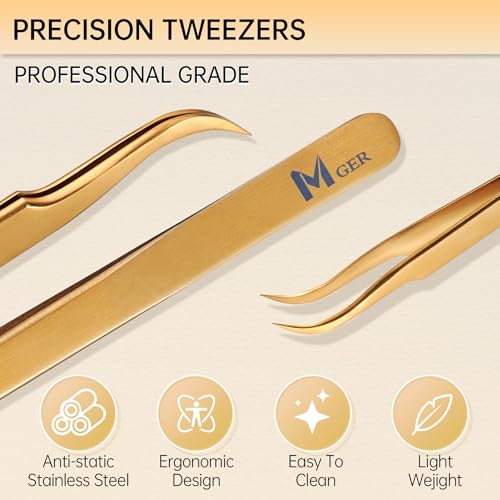 Lash Tweezers for Eyelash Extension, Hand Calibrated Dolphin-shaped and Curved Tip Eyelash Tweezers eyelash tweezers, False Lash Application Tools, Lash extension tweezers gold (Pack of 2, Gold)