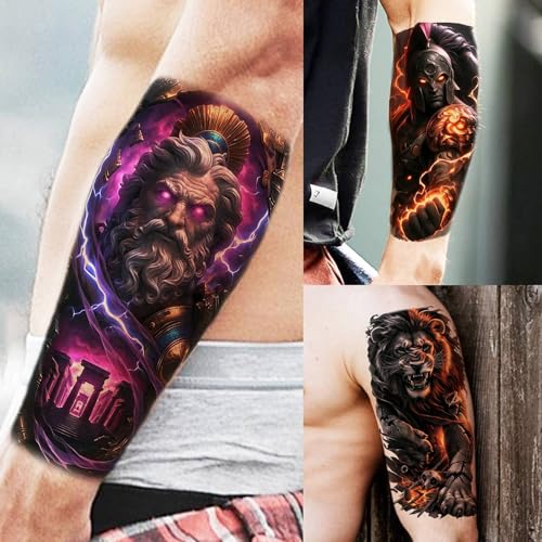 72 Sheets Lion Skull Temporary Tattoos For Men Women, Halloween Half Arm Sleeve Tattoo Stickers Zeus Eagle Tiger Ship, Bulk 3D Watercolor Temp Gothic Waterproof Fake Tattoos Adults Flower Skeleton