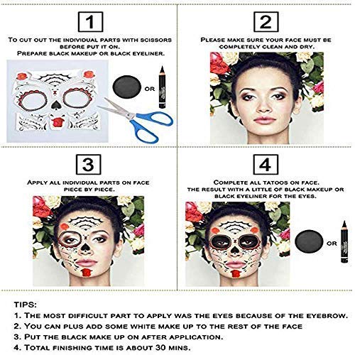 Day of the Dead Face Tattoos - 8 Sheet Sugar Skull Temporary Tattoo Kit