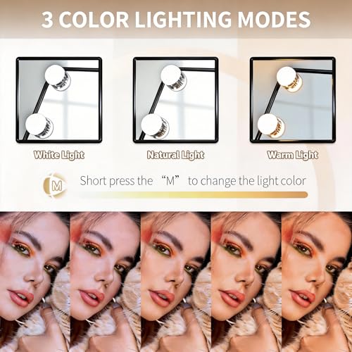 Hollywood Vanity Mirror with Lights, 12 Dimmable LED Bulbs Lighted Makeup Mirror with Detachable 10X Magnification, 1000mAh Rechargeable, 3 Color Lights, Touch Control,Black