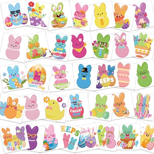 HOWAF 96pcs Easter Bunny Peeps Temporary Tattoos, Rabbits Tattoo Stickers for Kids Easter Party Supplies, Easter Eggs Tattoo Stickers Easter Face Tattoos Easter Gift Bag Filler