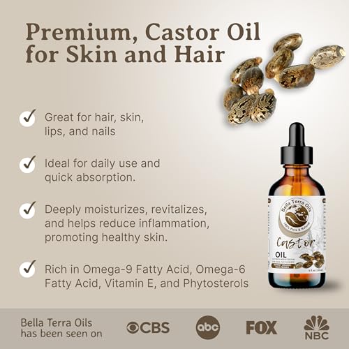 Bella Terra Oils - Organic Castor Oil 4oz Glass Bottle - Luxuriate with Cold-Pressed Organic Castor Goodness, Overflowing with Palmitic Acid, Perfect Skin Partner