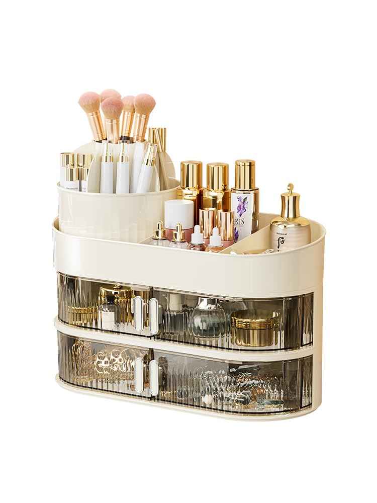 Rotating Makeup Organizer for Vanity, 3-Tier Large Capacity Countertop Storage with 4 Dust-Proof Drawers, Easily Hold Lipsticks, Jewelry, Brushes