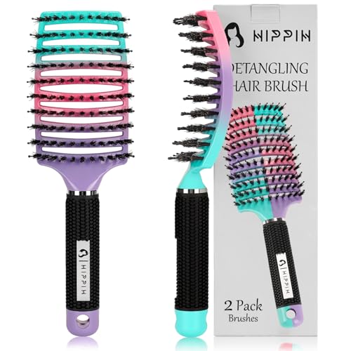 HIPPIH Boar Bristle Hair Brush Set of 2, Wet & Dry