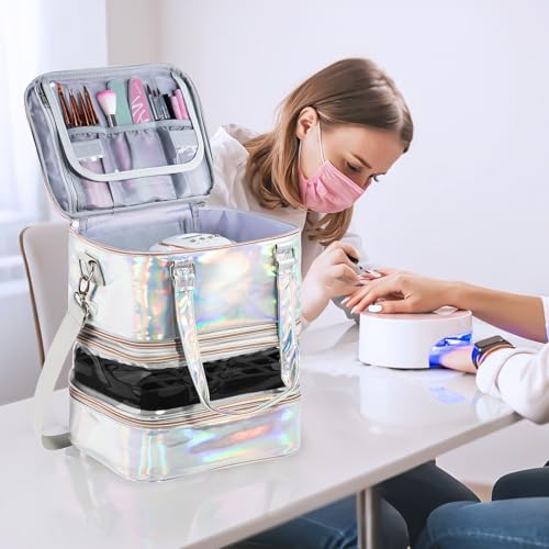 Nail Polish Organizer Case, 3 Layers Removable Nail Polish Storage Bag Holds 60 Bottles and Nail Lamp with Shoulder Strap Portable Holographic PU Leather Nail Kit Storage for Manicure Tools (Silver)