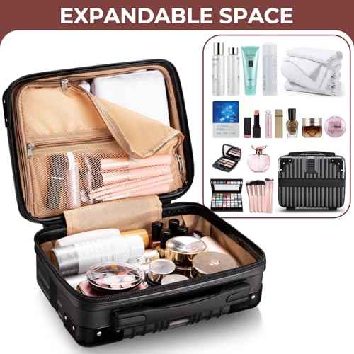 Noverlife 14 Inch Portable Hard Shell Cosmetic Travel Case, Mini Travel Hand Luggage with Elastic Band Travel Makeup Case, Small Makeup Carrying Suitcase for Train Cosmetic Bag Travel Camping - Black