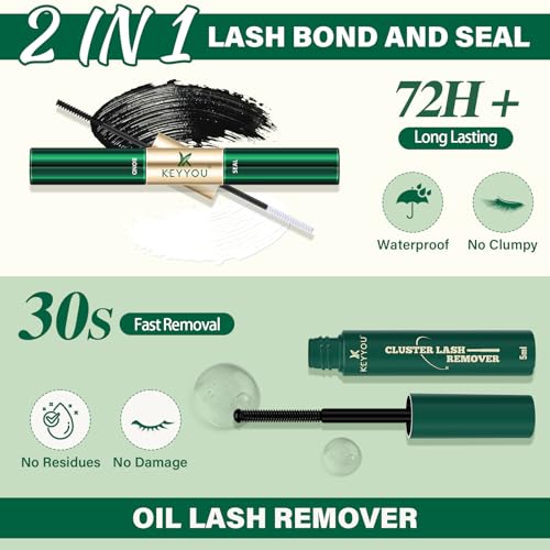 KEYYOU Lash Extension Kit DIY 300Pcs Lash Clusters Kit 40D 0.07 D Curl 9-18MIX Eyelash Extension Kit Individual Lashes Kit with Lash Bond and Seal, Lash Tweezers and Remover for Self Use