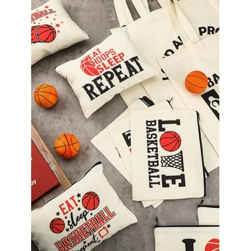 18 Pcs Volleyball Basketball Gifts for Women Cosmetic Bag Canvas Tote Bags Set for Teen Makeup Travel Players Teams(Basketball)