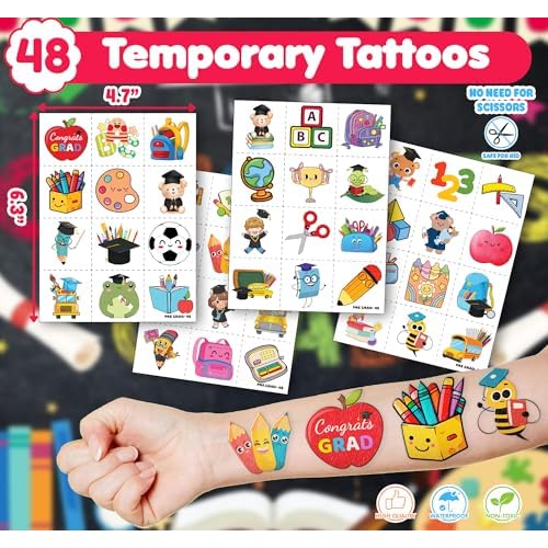 72 PCS Kindergarten Graduation Party Set - 48 Temporary Tattoos & 24 Slap Bracelets - Perfect for Themed Parties, Baby Showers, Classroom Rewards & Gifts for Kids