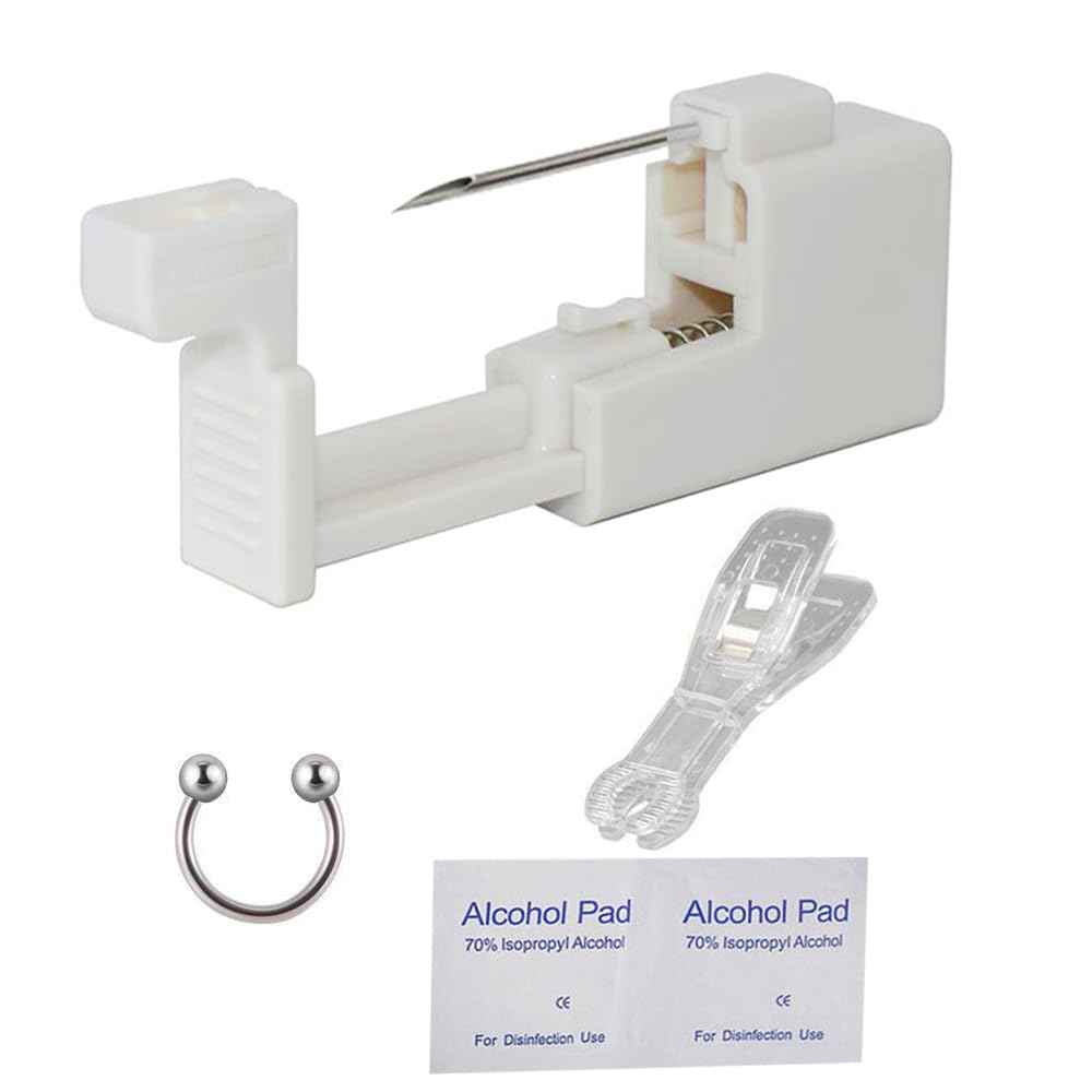 AM RONG MAGIC Professional Body Piercing Kit for Septum/Nose, Self Nose Piercing Gun ,Safe Piercing Gun Kits, Self Nose Piercing Needle Tool Kits Stainless Steel for Women Men ﻿ (white- septum piercing kit)