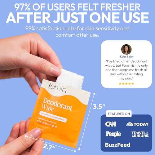 FOMIN Acidified Travel Deodorant Wipes For Women & Men - 15 Count - Variety Pack - pH Balanced, Mini Deodorant Travel Size Wipe - Plastic-Free, Individually Wrapped Underarm Body Wipes