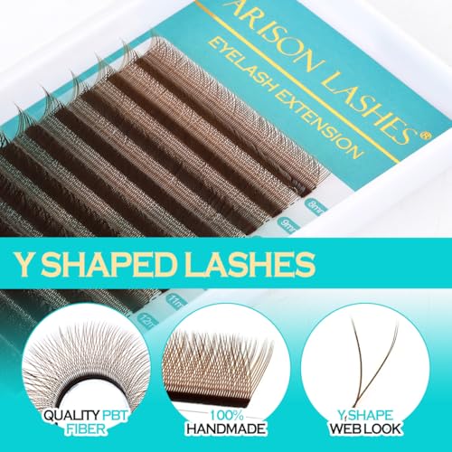 YY Eyelash Extensions D Curl 0.07 Mixed Tray Y Shape Weaving Prefabricated Fans Individual Extension Eyelashes (Brown-0.07D 13mm)