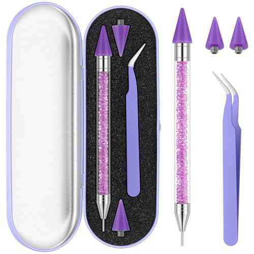 Tatuo Rhinestone Picker Tool Set Wax Pen for Rhinestones Diamond Art Painting Dual Head Dotting Pen with 2 Extra Wax Tips and 1 Nail Art Tweezer for Nail Art DIY Crafts (Purple)
