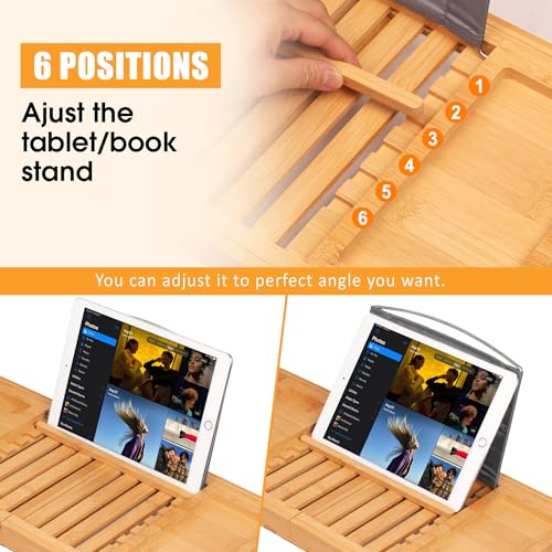 Expandable Bamboo Bathtub Caddy Tray with Wine Glass Holder