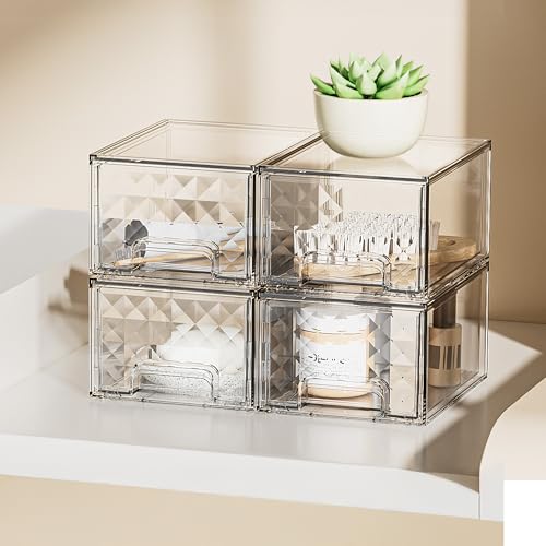 Delamu 8 Pack Stackable Storage Drawers, Makeup Skincare Holder Vanity Storage Organizer, Plastic Drawers For Vanity Desk, Undersink, Kitchen Cabinet, Pantry, Clear, Ideal Christmas Gifts for Girls