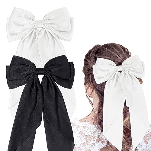 Hoyols White Big Hair Bows Clips Barrettes for Girls Women, Large Satin Hair Ribbon Hairbow for Cute School Girl Accessories Bowknot for Thick Long Hair Styling Wedding 2 Count (Black & White)