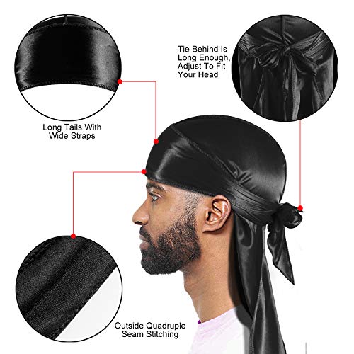 3-Pack Silky Durags for Men with Long Tails & Wave Cap
