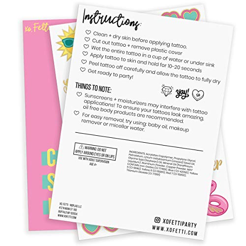 xo, Fetti Summer Pool Party Temporary Tattoos - Glitter styles | Birthday Party Supplies, Beach Party Favors + Tropical Decor