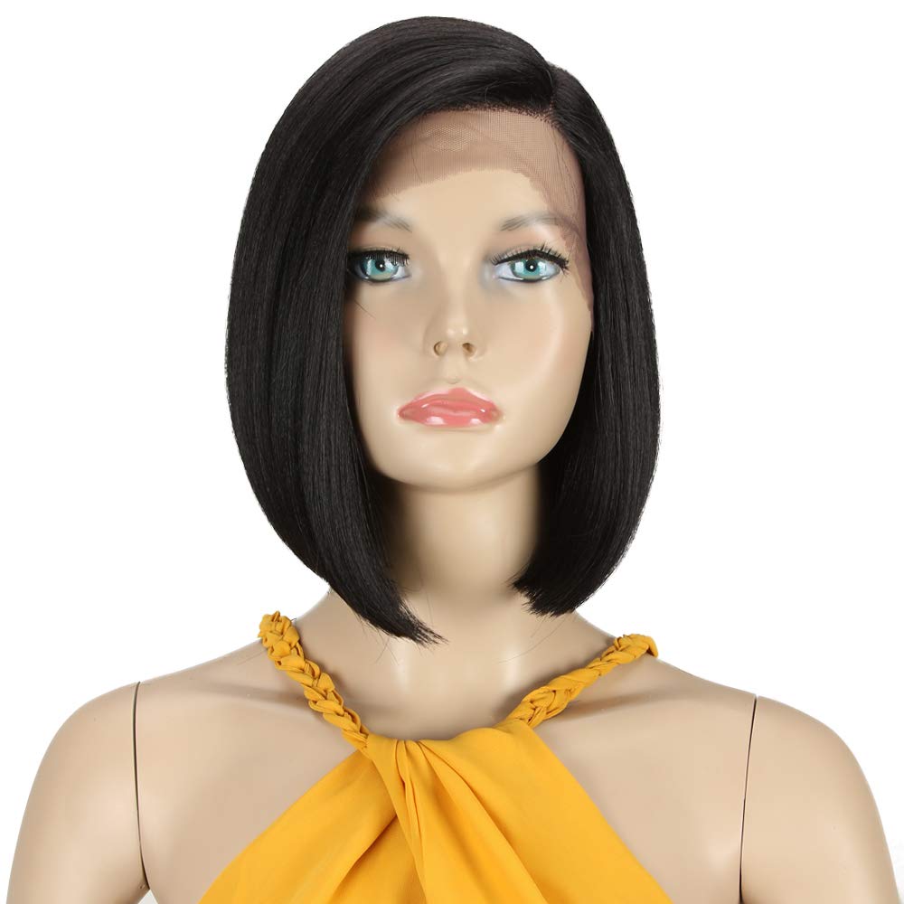 DÉBUT Synthetic Lace Front Wigs for Women, HD Lace Side Part Straight Bob Wig, Short Black Bob Heat Resistant Fibers 1B Color Asymmetrical 9.5 Inches