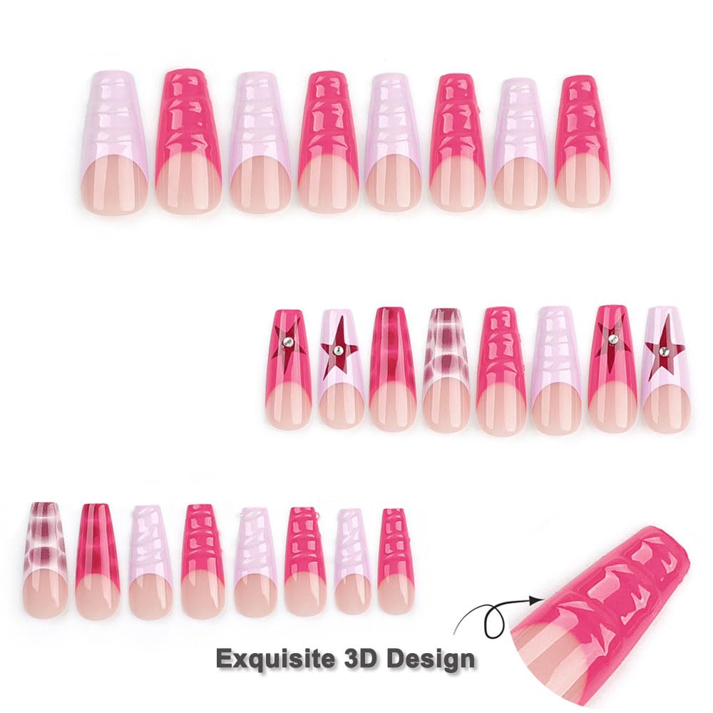 BAOYAALIN Y2K Press on Nails Medium Long Coffin French Fake Glue on Nails with Star Design for Women Girls Full Cover Artificial Acrylic False Stick on Nail for Daily Wear Wedding 24Pcs