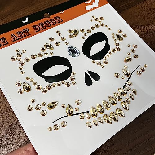 6-Pack Skull Face Gems Jewels,Day of the Death Halloween Temporary Face Tattoos Fake Face Jewelry
