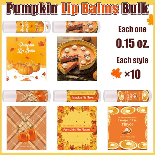 100 Pcs Thanksgiving Pumpkin Pie Scented Lip Balms Bulk Thanksgiving Party Favors Fall Party Gifts Autumn Lip Balms Fall Goodie Bag Basket Stuffers Favors for Women Employee (Classic Style)