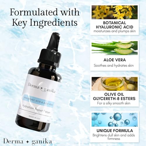 Derma ganika Hyaluronic Acid Serum for Face & Neck - Made in USA Ultra-Hydrating Anti-Aging Serum with Aloe Vera | Softens, Smooths, and Brightens Dry & Sensitive Skin