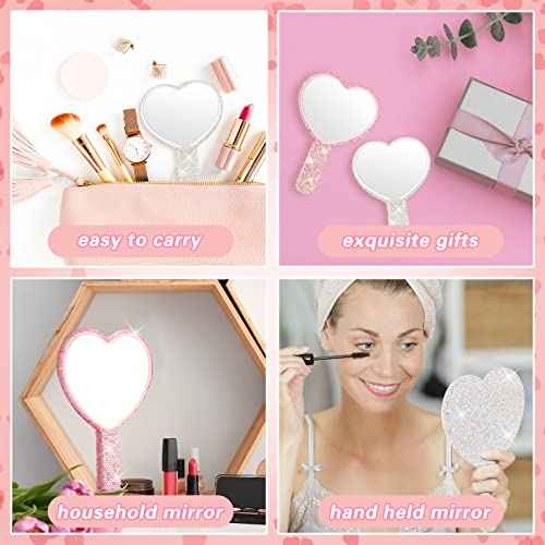 Tatuo 2 Pcs Rhinestone Mirror Handheld Bling Heart Lip Shaped Hand Mirror Glitter Cosmetic with Handle Portable Cute Travel Makeup Lash for Women (Pink and White)