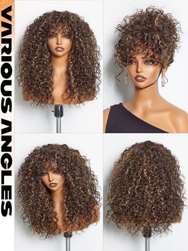 20 Inch Curly Wig with Bangs - Human Hair Blend
