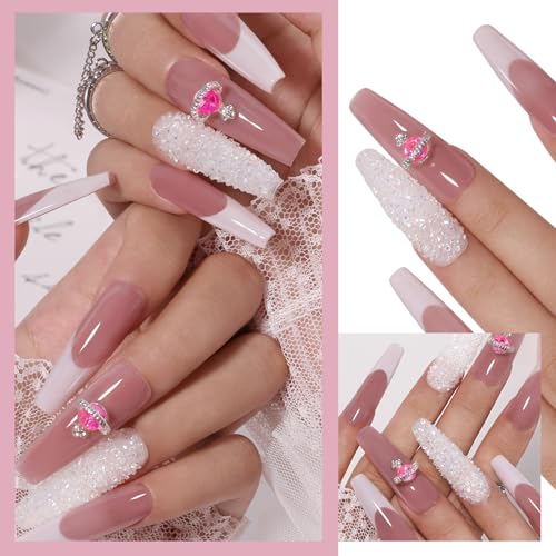 Press on Nails Long Coffin Pink Wavy Swirl Lines Bling Rhinestones White French Tip Handmade Fake Nails XL, Reusable Glossy Gel False Nail Full Cover Stick on Nail Manicure for Women-14pcs, L