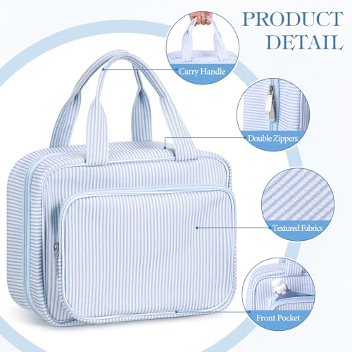 Hanging Toiletry Bag for Women with Detachable Pouch, Travel Toiletry Bag, Travel Size Toiletries, Cosmetic Bags, Seersucker Makeup Bags Gifts for Her Mom Girlfriend Wife Teacher(Blue)