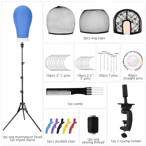 Yofuly 22'' Canvas Wig Head Set, Upgraded 63 Inch Tall Wig Stand Tripod with Mannequin Head, Canvas Block Head Wig Stand Set with Wig Caps, Table Clamp, Perfect for DIY Wig Making and Styling - Blue