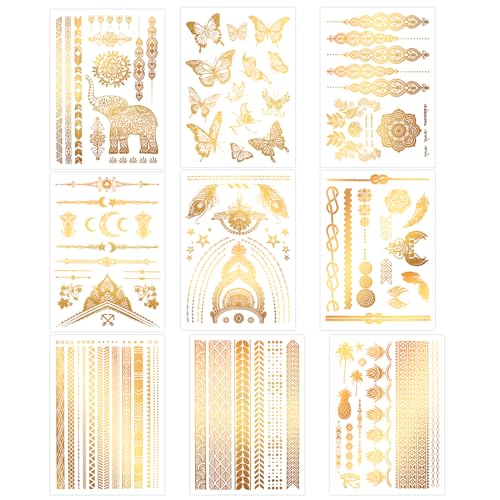 Konsait 9 Sheets Gold Metallic Temporary Tattoos for Women