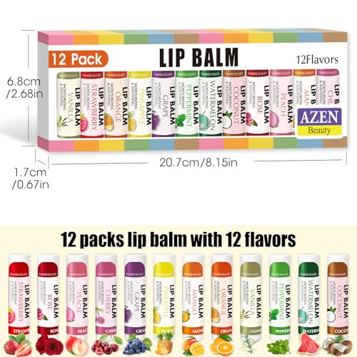 AZEN 12 Pack Lip Balm, Natural Lip Balm Bulk, Lip Care Product, Moisturizing Lip Balm for dry cracked lips - 12 Flavors