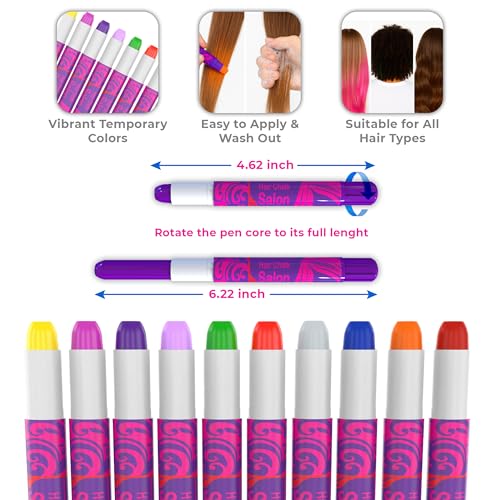Hair Chalk Pens for Kids - 10 Temporary Washable Colors