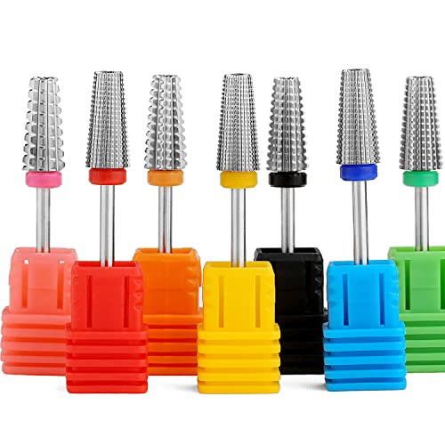 7pcs 5 in 1 Nail Drill Bits Set, Multi-Function Tapered Shaping Carbide Nail Drill Bit Use for Both Left to Right Handed, 3/32 Inch Nail Bit for Remove Acrylic Gel Nail Accessories(Silver)