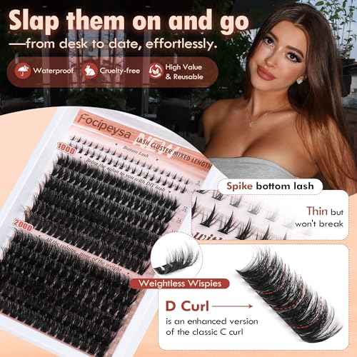 Focipeysa Eyelash Clusters 100D 200D Lashes Extensions with Bottom Lash Volume Fluff Lash Clusters 256pcs Individual Eyelash Extensions 12-18mm Eyelash Extensions DIY D-Curly Lash Extension at Home